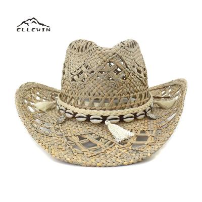 China Wholesale Custom Handmade Weave Straw Hat Unique Bohemian Hollow Off Beach Wide Brim Cowboy Hats For Men Summer Western Cowgirl for sale