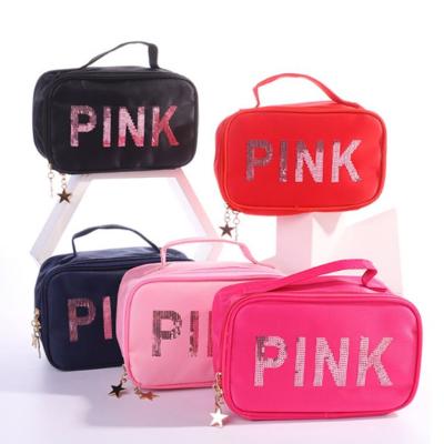 China Custom Beauty Cosmetics Bag Travel Bulk Makeup Bags Eco-Friendly Nylon Private Label Dustproof Shockproof Waterproof Make Up Pink Cosmetic Bag With Logo for sale