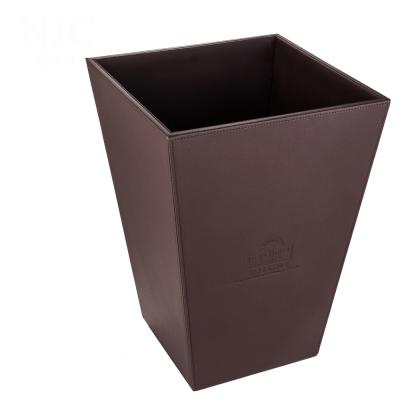 China brown luxury trapezoid faux leather hotel room trash cans manufacturer for hotel amenities for sale