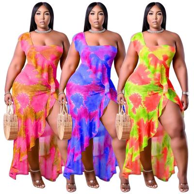 China Breathable Fashionable Single-sleeve Irregularity Falbala Long Dress Summer Tie-Dye Print Split 4xl Plus Size Women Maxi Dress for sale