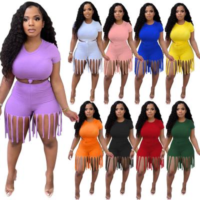 China Casual O-Neck Solid Color Selling Breathable Warm Sportswear Tassel 5xl Plus Size Two Piece Set For Bodycon Summer 2 Piece Short Set for sale