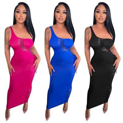 China New Style Dry Cleaning Hole Hollow Out Solid Color Sleeveless Off Shoulder Dress Sexy Summer Dress Dresses One Long For Women for sale