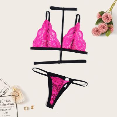 China Polyester/Cotton Valentines Sexy Lingerie Halter Sets Fluorescent Color 3xl Plus Size Hollow Out Patchwork Garters Bra And Sexy Panty Set for sale