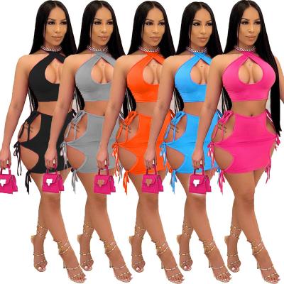 China Best Design Solid Color Viable Sexy Summer 2 Piece Set Bandage Mini Skirt Sleeveless Halter Two Piece Skirt Set Women for sale