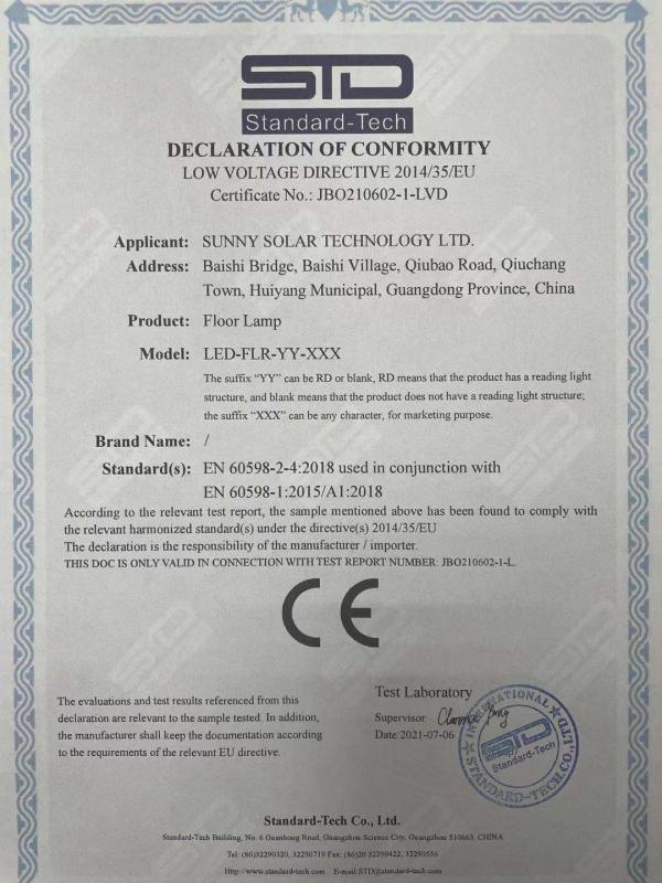 CE - HUIZHOU SUNNY SOLAR TECHNOLOGY LTD