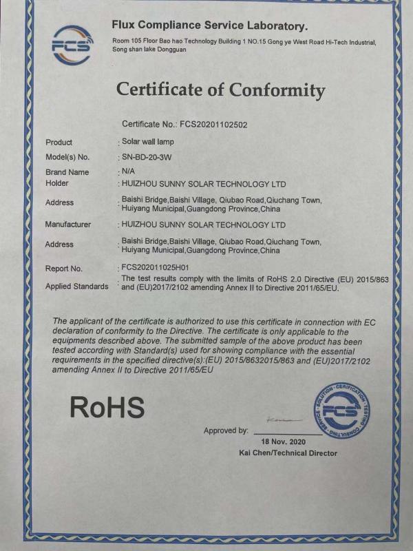 RoHS - HUIZHOU SUNNY SOLAR TECHNOLOGY LTD