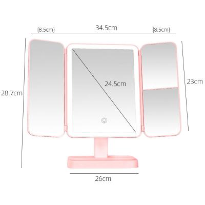 China Wholesale Customized Shell Makeup Led Smart Led Mirror With Type Mirror Fill Lamp Holder Multifunctional Desktop Light Folding Three Way Mirror for sale