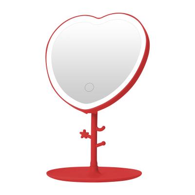 China Personalized Heart Shape LED Makeup Mirror Desktop Portable Vanity Mirror Small 3 Color Light Up HD Touch Screen Makeup Mirror Customization for sale