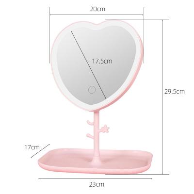 China Personalized Heart Shaped Mirror Desktop Portable Touch Screen LED Makeup Mirror with Storage Tray HD Dormitory Mirror for sale