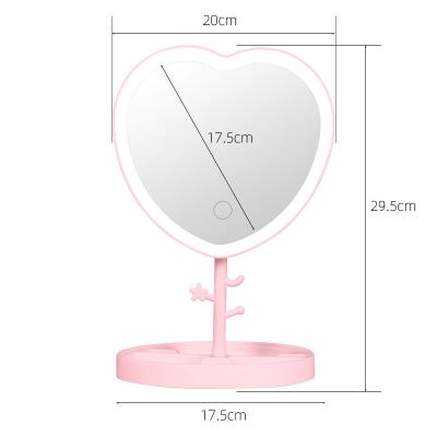 China Hot Sales Personalized Heart Shaped Touch Screen Lighted Vanity Led Makeup Mirror Touch Screen Cosmetic Light Mirror With Storage Tray for sale