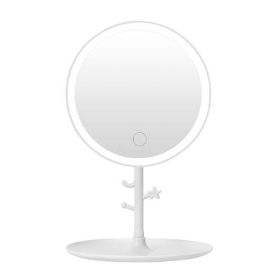 China Custom Hot Sales LED Travel Mirror Standing Single Side Round Led Makeup Mirror With Light Portable Vanity Mirror Customized for sale