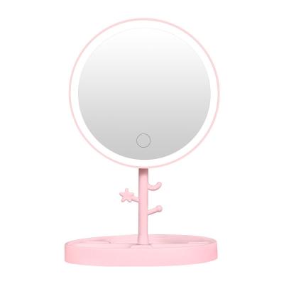 China Personalized Multi-Function Led Circular Makeup Table Mirror Girl Makeup Mirror with Storage Tray USB Charging Beauty Cosmetic Mirror for sale