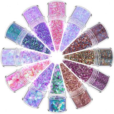 China Easy Apply JUM Cosmetics Size 12 Colors Different Colors Face Body Hair Eye Nail Glitter Festival Hexagon Shaped Powder Set for sale