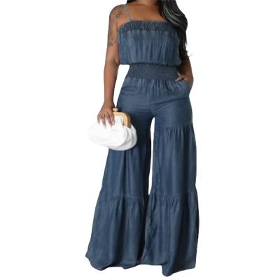 China Breathable Dropshipping 2023 Summer Sexy Leisure Denim Jumpsuit Women Casual Wide Leg High Waist Baggy One Piece Jumpsuit Bodysuit for sale