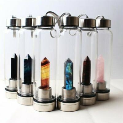 China Large Viable Natural Gemstone Water Bottle Glass Juice Bottle With Crystal for sale