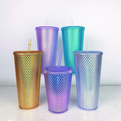 China Sustainable Customized Double Wall Tumbler 16oz Plastic Drink Cups Color Studded Tumblers With Straw for sale