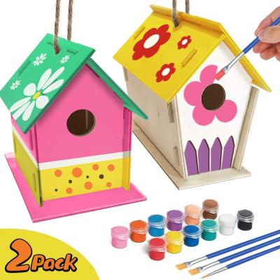 China Folk Art Customer Design Size Self Assemble And Paint DIY Wooden Bird House For Kids for sale