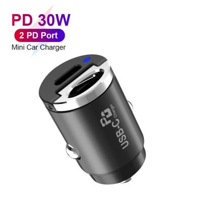 China Support PD+QC3.0 Super Fast Charging Aluminum PD 30W QC3.0 Mini Car Charger For Mobile Phone for sale