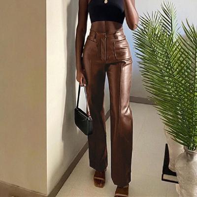 China 2021 Autumn New PU Canister Trousers Black Breathable Leather Straight Fashion Leisure Female Pants for sale