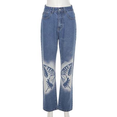 China Butterfly Print Sustainable High Waist Zipper Women Denim Pants Womens Jeans for sale