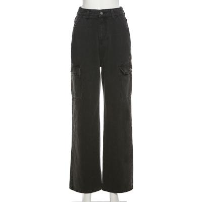 China 2021 Viable Side Pocket Denim High Waisted Fashion Straight Pants Loose Leg Pants for sale