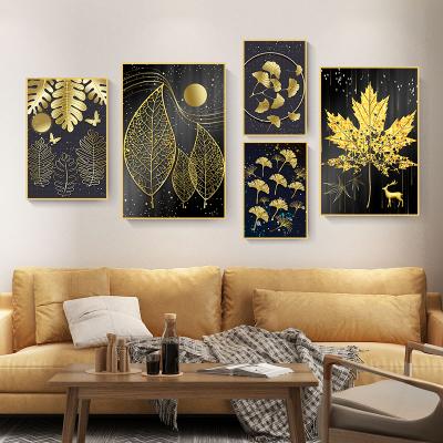 China Modern Minimalist Golden Leaves Decorative Paintings Modular Picture Wall Art Canvas Painting For Living Room for sale