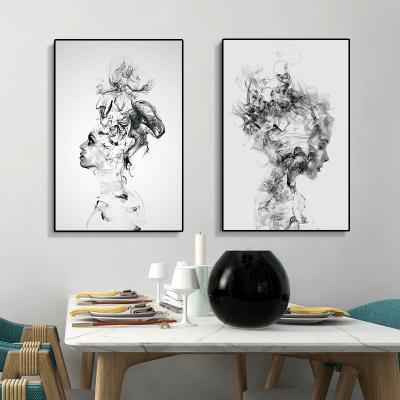 China Modern Abstract Black and White Female Artwork Posters Canvas Painting Fog Cloud Decoration Wall Painting Home Living Room HZ6608 for sale