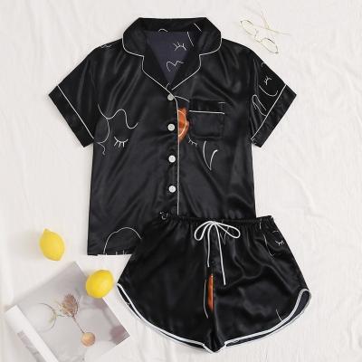 China Fashion cartoon simple QUICK DRY comfortable loose black printed pajamas two-piece set sleepwear 8319 for sale