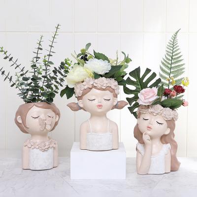 China Art Home Decor Resin Flower Pot Girl Face Flower Pot Polyresin Vase Beautiful For Living Room for sale