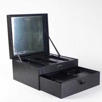 China Recycled Materials Black Premium Double Skin Care Product Set Box With Mirror Cosmetic Storage Box for sale