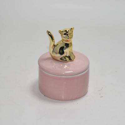 China Cat Decoration Pink Round Shape Gold Ceramic Jewelry Ring Box 200702 for sale