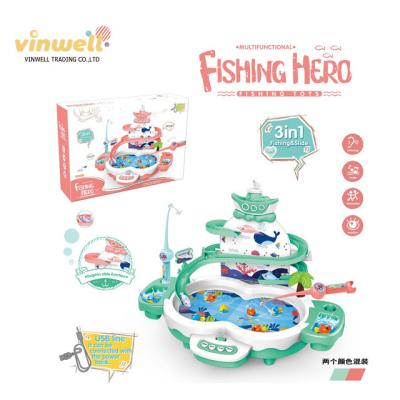 China Playset Spin Fishing Game Set Toy 3 in 1 Funny Game Electric Track Fishing Table with Music Catching Fishing Game Toys for sale