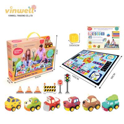 China 6pcs Cartoon Car and 6PCS Play Cover Enamel PVC Sliding Free Wheel Cartoon Car with Big Game Cover Educational Toys 2021 for sale