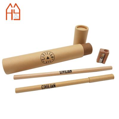 China Eco-friendly Natural School Supplies Natural Kraft Paper Tube Stationery Set For Kids Natural Wood And Paper Pen for sale