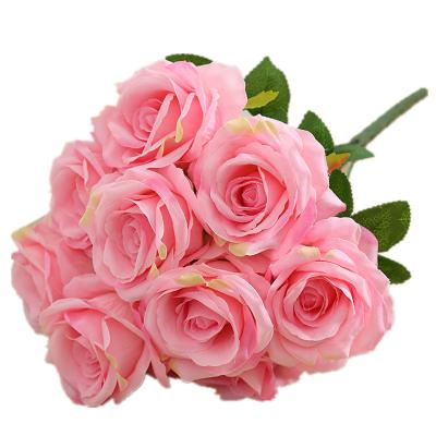 China Fashional Artificial Flowers Factory Supply 9 Heads Artificial Rose Bouquet For Wedding Home Decoration for sale