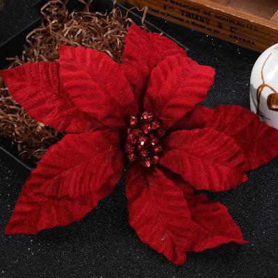 China Christmas Decor High Quality Velvet Christmas Red Poinsettia Artificial Flower Head for sale