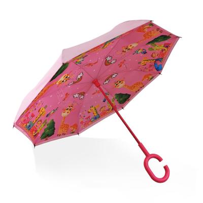 China Modern Creative Cartoon Printing Inverted Reverse Umbrella With C-Shaped Handle Child for sale