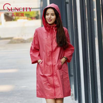 China Fashionable Girl Windproof Classic Raincoat Long Sleeve Raincoat With Hood And White Dot Printing for sale