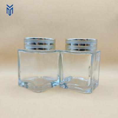 China Cosmetic Fashion 100g/ml square Skin Care Cream Body Scrub Container Glass Jar with gold lid for sale