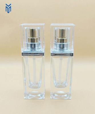 China Cosmetic Luxury 30ml Square Skin Care Serum lotion liquid foundation glass bottle With pump for sale