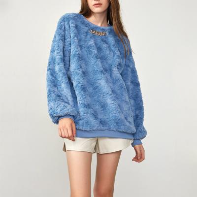 China Custom Fleece QUICK DRY Teddy Sweatshirt For Women Oversized Blue Logo Fur Outwear Crew Neck Pullover for sale