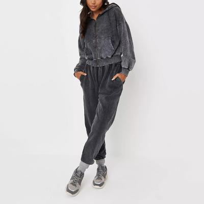 China Anti-pilling Women Gray Acid Washed Full Zip Cropped Hoodie Loungewear Trouser Pants Sweatsuit Tracksuit for sale