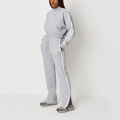 China Anti-pilling Women's Gray Melange Side Striped High Neck Sweatshirt With Straight Wide Leg Jogger Sweatpants Set for sale