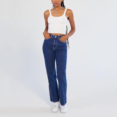 China Breathable Women Cowboy Straight Leg 100%Cotton Five Pockets High-Waisted Blue Jeans for sale