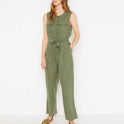 China Wholesale High Quality Loose Fit Anti-pilling Simple One Piece Overalls With Elegant Belt Casual Tie Olive Green Green Linen Women Jumpsuits for sale