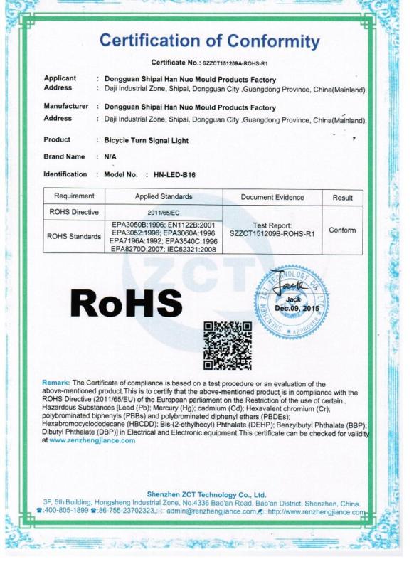 RoHS - Dongguan City Shipai Hannuo Mould Products Factory