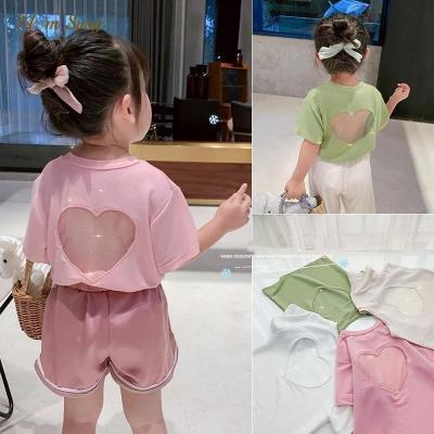 China Top Solid Color 1-10Y Summer Fashion Baby Cotton T-shirt Heart Girl Pincess Lace T-shirt Breathable Hollow Backless Short Sleeve Tee for sale