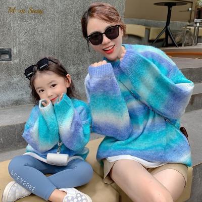 China Breathable Family Mom Daughter Son Tie Dye Sweater Rainbow Kid Adult Matching Knitted Sweater Pullover Outwear Baby Boy Casual Cloth for sale