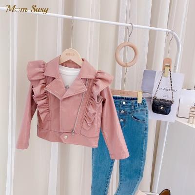 China Anti-wrinkle fashion baby PU leather jacket ruffle princess Leather Coat Spring Autumn Blazer Outwear Pink Child clothes 2-14Y for sale