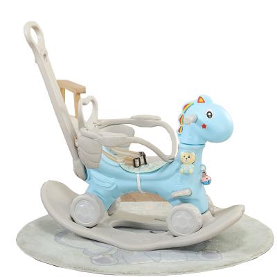 China Ride on Toy 3 in 1 Lovely Kid Children Toys Indoor Plastic Rock Horse Gift Rocking Horse Toys with Back, Pus Rod and Railing for sale